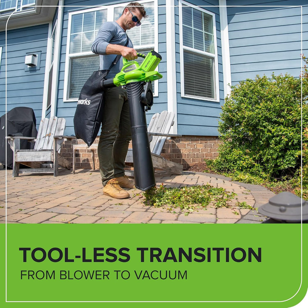 Greenworks GD40BV Soplador Aspirador de Hojas a Batería con Motor sin Escobillas, 280 km/h, 9,63 m³/min, Bolsa Recogedora de 45L SIN Batería de 40V y Cargador, Garantía de 3 Años