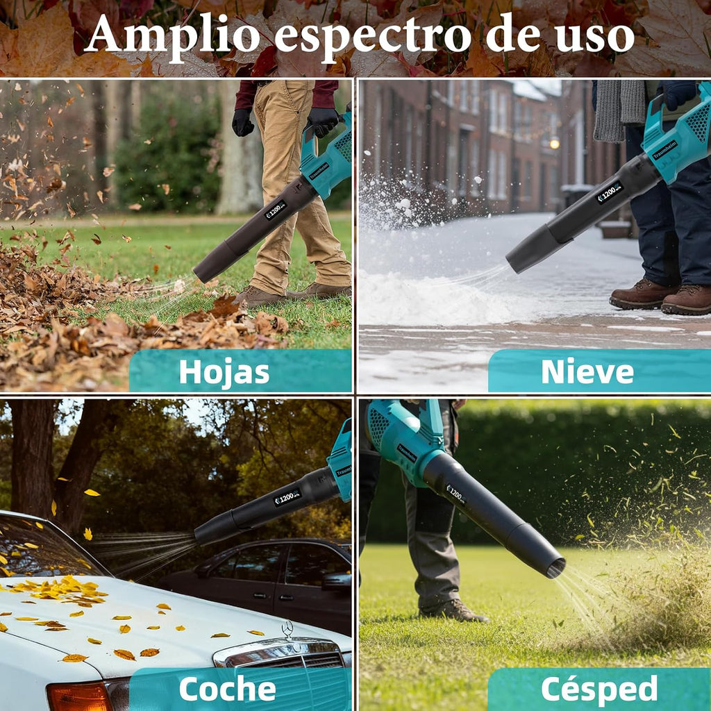 Soplador de Hojas a Batería, Inalámbrico, 3 Velocidades, 1200 m³/h, con 2 Baterías de 4,0Ah/21V, para Jardín, Hojas, Polvo y Nieve