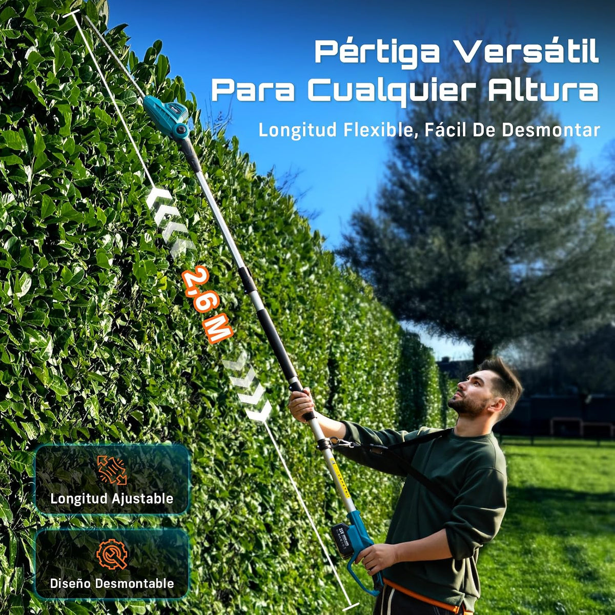 SEESII Cortasetos Telescópico Batería 20V, Cuchilla 40 cm, 2 Baterías 4,0Ah