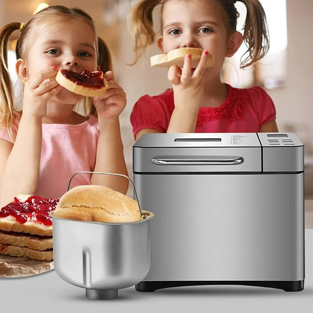 Panificadora con 19 programas de cocción y temporizador, molde antiadherente, dispensador automático y función de mantenimiento en caliente, incluye 7 accesorios