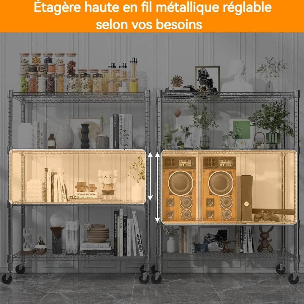 Himimi Estantería de Alambre de 4 Niveles con Ruedas, Altura Ajustable,con Pies Niveladores, Estante de Almacenamiento Metálico para Cocina, Baño, Dormitorio,Capacidad de 500 kg, 90*45*183 cm, Plata