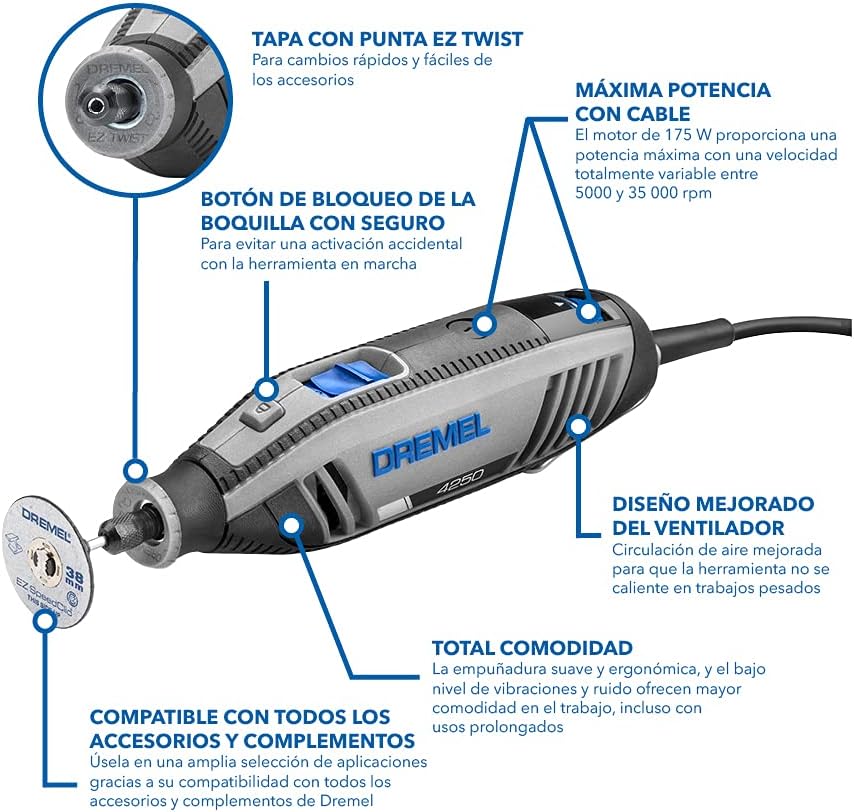 Dremel 4250 Herramienta rotativa de 175 W, kit de multiherramienta con 3 complementos y 45 accesorios, motor de 175 W con retroalimentación electrónica, velocidad variable de 5000-35 000 rpm