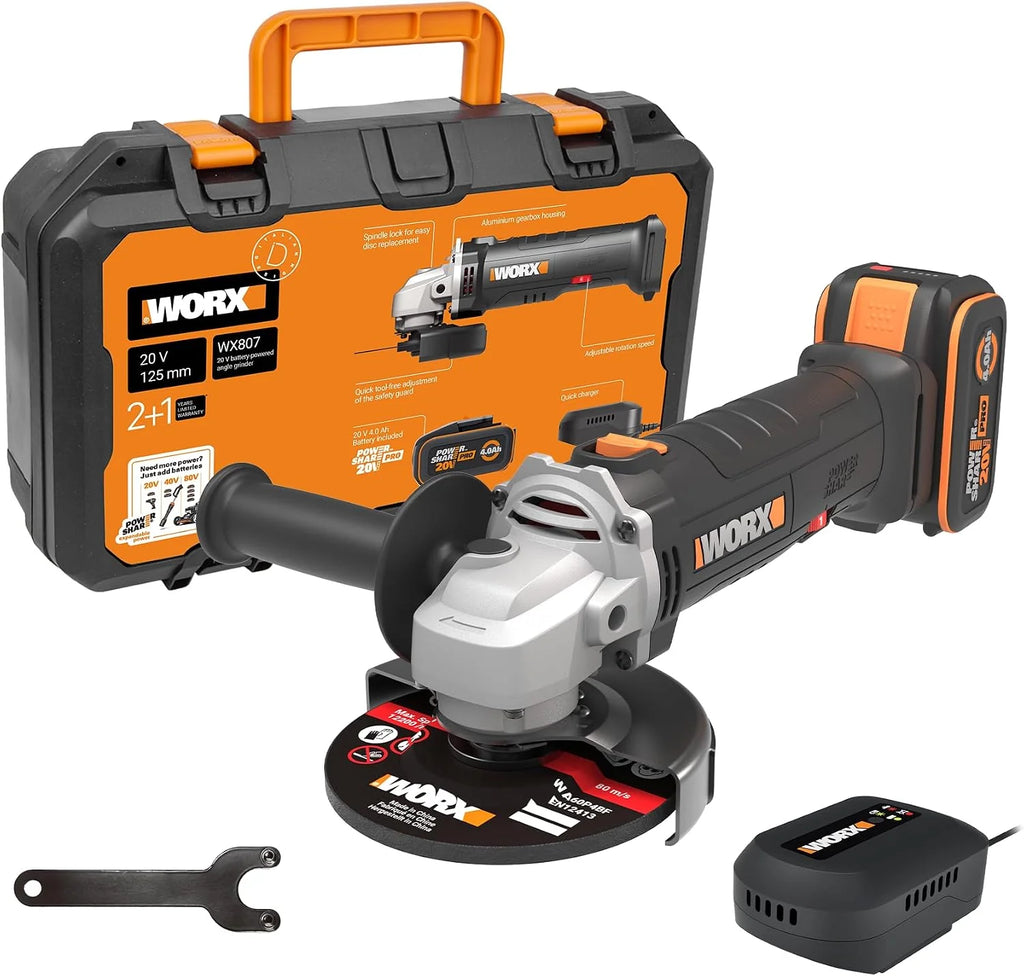 WORX WX807 Amoladora Angular 125mm con Batería 20v - 4Ah, 6 Velocidades