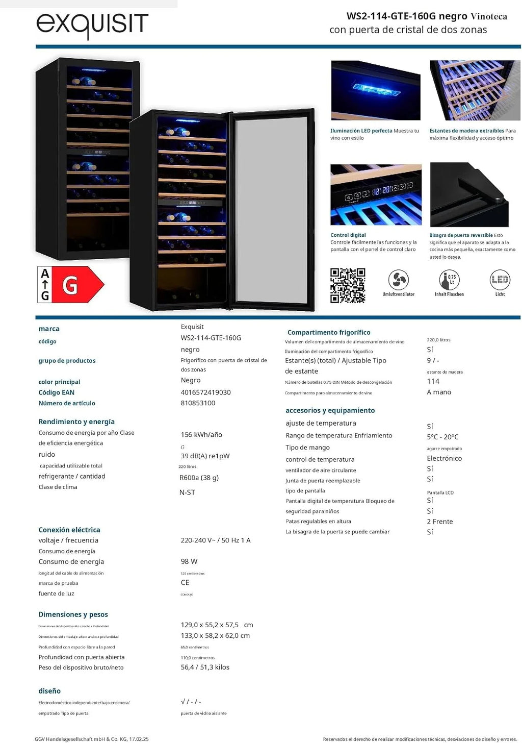 Exquisit® Vinoteca para 114 Botellas, 220L, Negro, Clase G, Dos Zonas de Temperatura 5-20°C, Control Digital LCD, Puerta de Cristal Reversible, Medidas (129,0 x 55,2 x 57,5 cm)