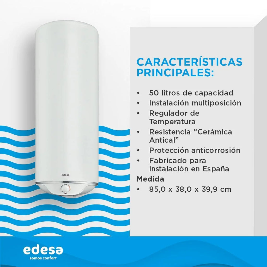 Edesa TRE SLIM Electric Thermo – Slim Design 38 cm, Multi-Position (Vertical/Horizontal), Ceramic Antitical, Outdoor Thermostat, High Durability and Energy Saving 50 L