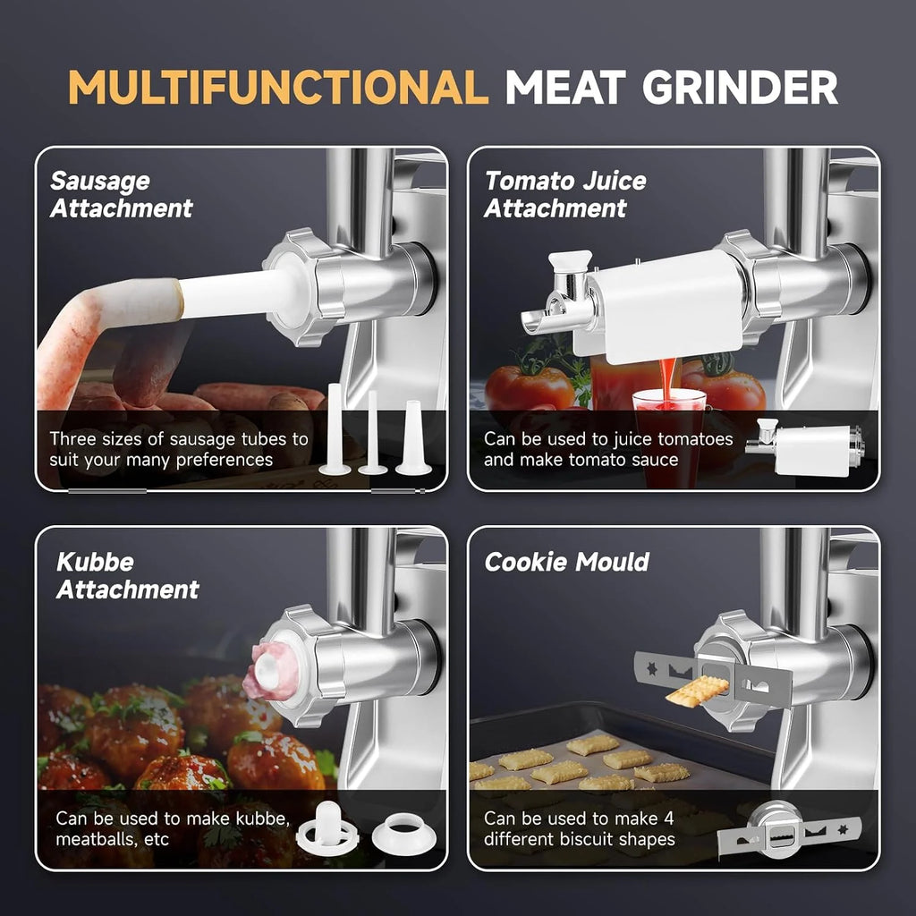 Hanchen Picadora eléctrica 3 en 1 para carne picada con cortador de verduras y prensa de tomates, incluye relleno de salchichas, accesorio para galletas y juego Kubbe