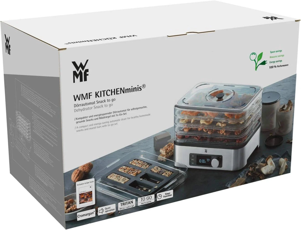 WMF Kitchenminis - Deshidratadora Snack To Go, 250 W con 5 bandejas altura regulable, pantalla LCD, 30-70ºC, libre de BPA,Tritan, Acero Inoxidable cromargan