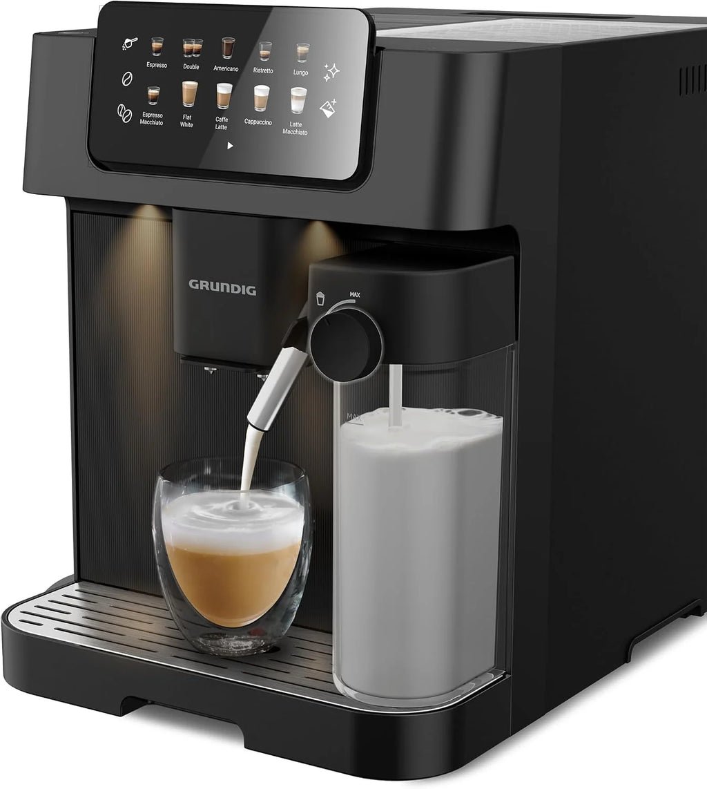Grundig KVA 7230 Máquina automática de café, 10 especialidades de café, 13 niveles de molienda, tanque de leche, potencia de 1350 W, presión de bomba 19 bar, doble boquilla, iluminación, negro/plata