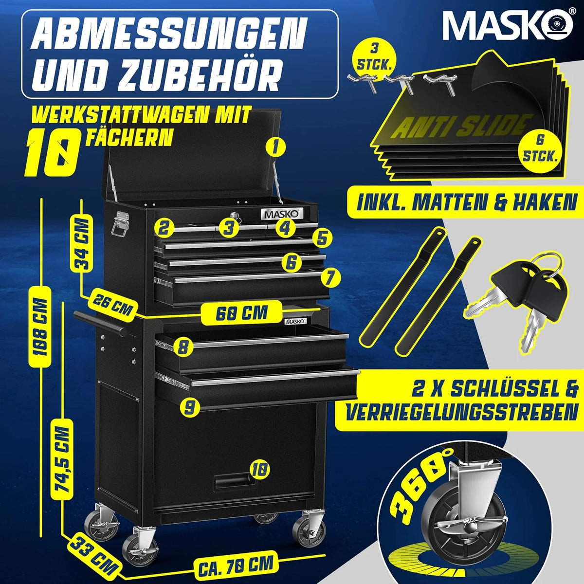MASKO® - Carro de herramientas de taller con maletín, 9 cajones y cerradura, rojo, metal macizo, profesional y portátil, sin herramientas, con ruedas y candado, para almacenamiento de herramientas,
