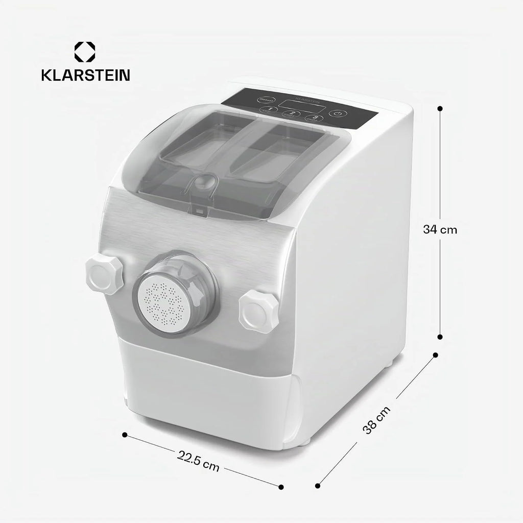 Klarstein Máquina para pasta, Pastamania Eléctrica - 260W Máquina para pasta totalmente automática con 7 accesorios, capacidad de 500 g, silenciosa (60 dB), pantalla LED, blanca
