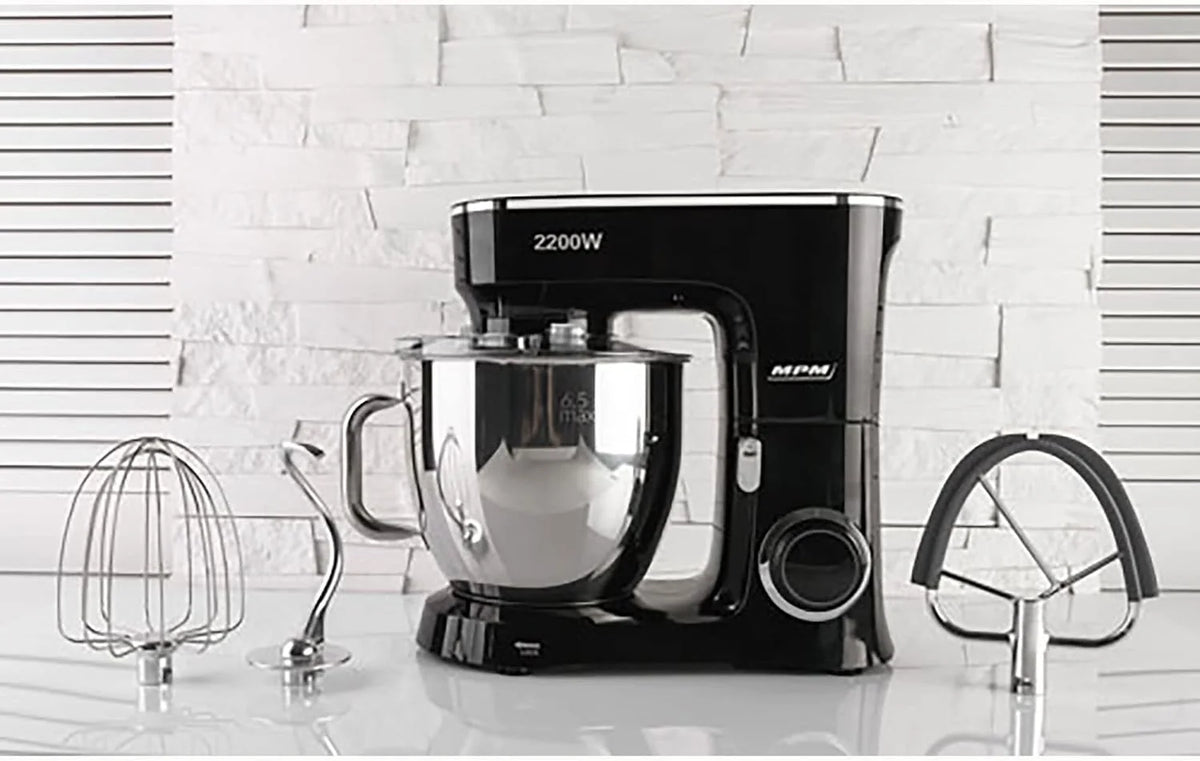 MPM Batidora Amasadora Repostería Profesional Robot Cocina Orbital 2200W Máx. 6,5L Bol Acero Inox, 6 Velocidades + Función Pulso, Sistema Planetario, 3 Accesorios+ Báscula, MRK-19B