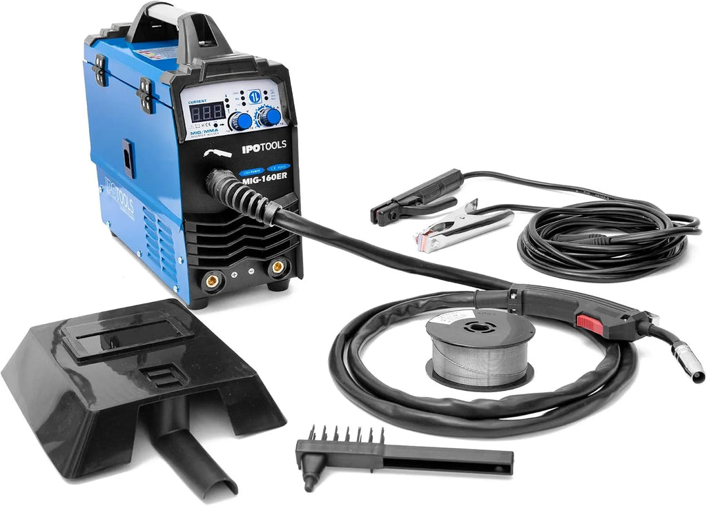 IPOTOOLS MIG-160ER Máquina de soldar MIG MAG - Máquina de soldar MIG con 160A 230V IGBT, Máquina de electrodos 3 en 1 MIG Flux MMA, Máquina de soldadura inverter portátil, 7 años de garantía