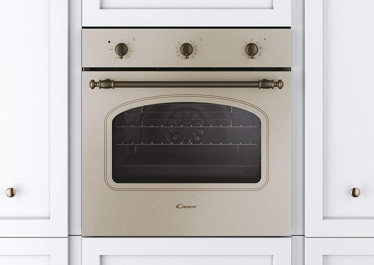 Candy FCC603NAV - Horno eléctrico empotrable, ventilado, capacidad 65 litros, multifunción y función pizza, 8 programas, 56,8 x 59,5 x 59,5 cm, estilo rústico, avena, clase A+