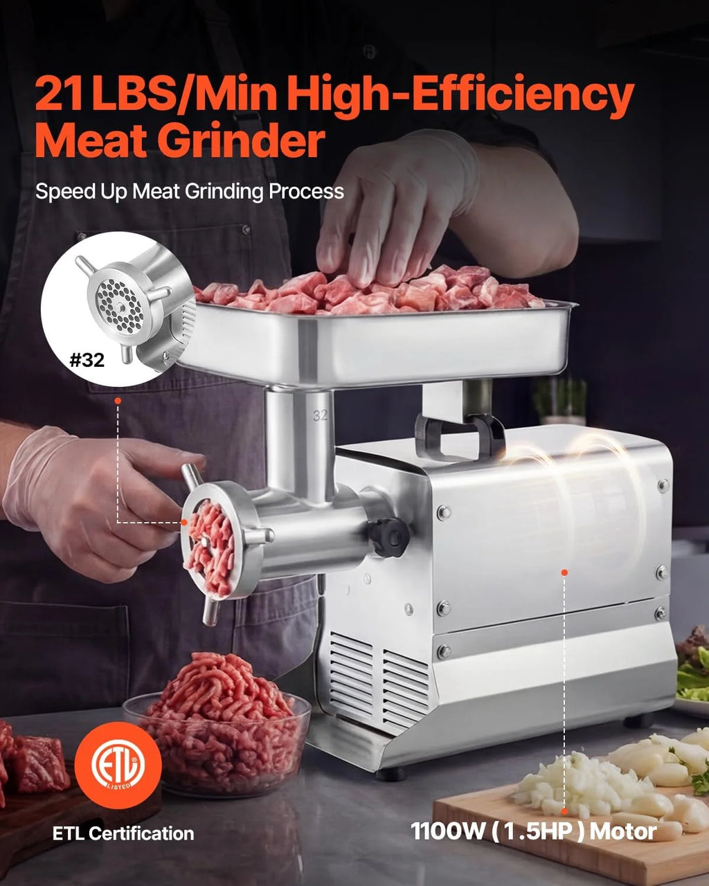 VEVOR Picadora de Carne 1100W 1,5 HP de Acero Inoxidable, Picadora de Carne Eléctrica 9,5 kg/min, con 3 Placas, 3 Tubos de Embutir Salchichas, para Cocinas Domésticas, Restaurantes, Carnicerías