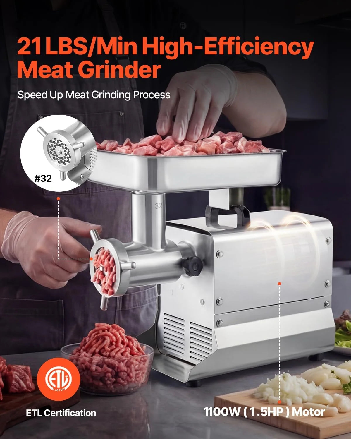 VEVOR Picadora de Carne 1100W 1,5 HP de Acero Inoxidable, Picadora de Carne Eléctrica 9,5 kg/min, con 3 Placas, 3 Tubos de Embutir Salchichas, para Cocinas Domésticas, Restaurantes, Carnicerías