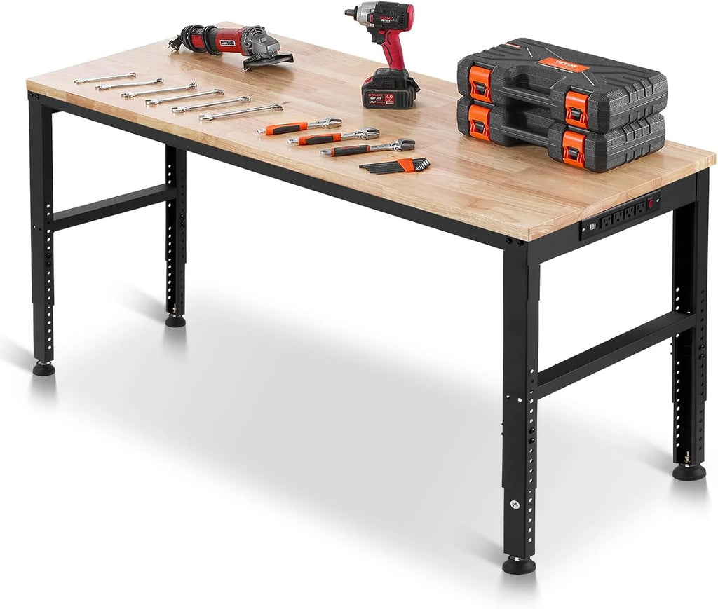 VEVOR Banco de Trabajo Ajustable Mesa de Trabajo de Garaje 1550x510 mm Alturas 688-910 mm Carga de 900 kg con Tomas de Corriente Estructura de Metal y Almohadillas para los Pies, para Taller