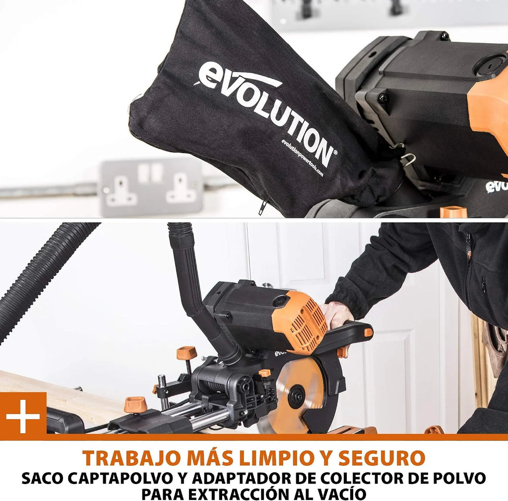 Evolution Power Tools R255SMS-DB ingletadora, Sierra ingletadora deslizante multimaterial de 255 mm, con doble bisel y paquete plus, hasta 300 mm x 90 mm, 5° a izquierda y derecha, inglete de 50°