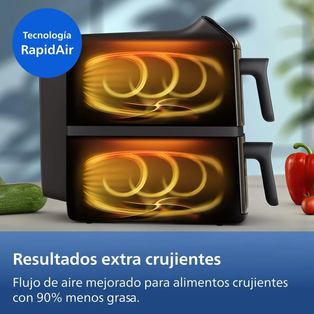 Philips 4000 Airfryer - Freidora de Aire doble Cesta Vertical 10L, Negro