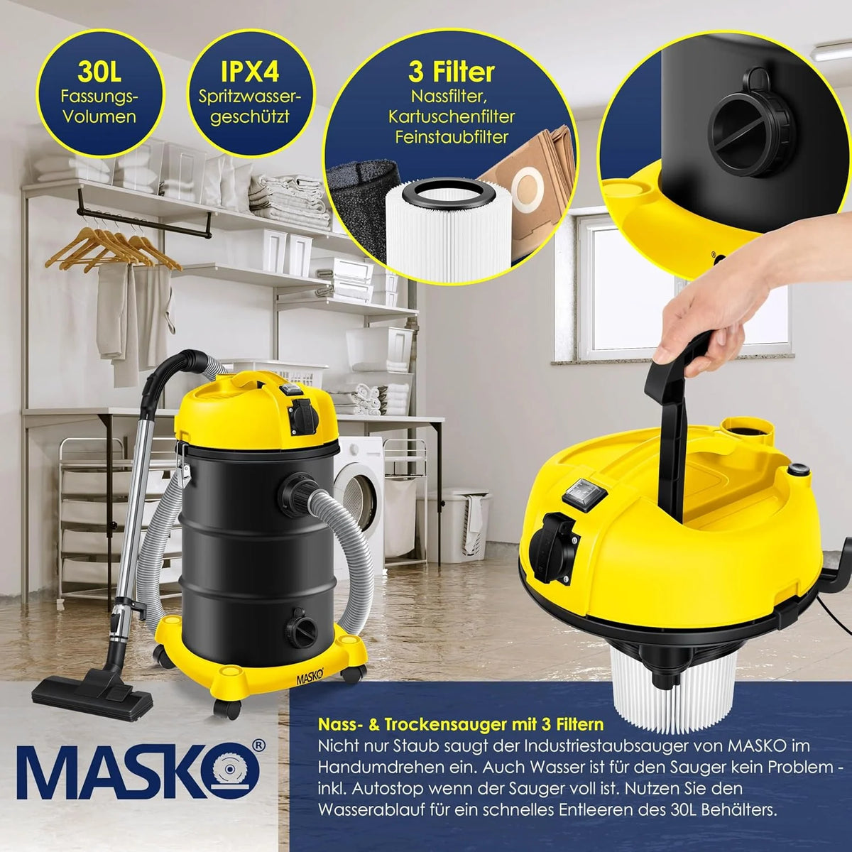 Masko® 6IN1 Aspirador Industrial en seco y húmedo de Cenizas 2300W + Toma de Corriente Función de soplado en seco y húmedo | sin Bolsa (Gelb)