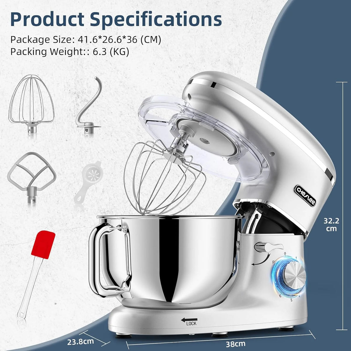 CHeflee Batidora Amasadora Profesional,2000W Amasadora Pan Repostería,6.2 L Bajo Ruido Robot de Cocina Multifunción,Gancho para Masa,Batidor Plano,Protección para Salpicaduras 6 Velocidades Batidora