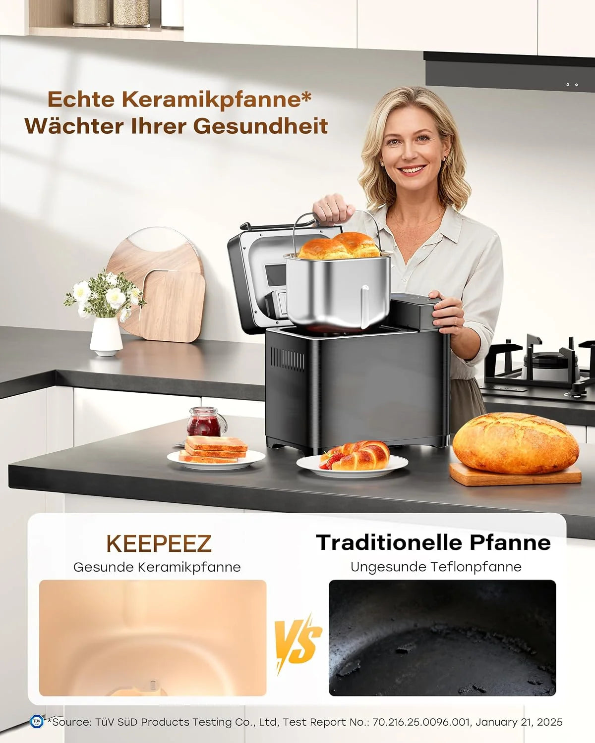 Panificadora de 710 W, 1 kg, de cuarzo, acero inoxidable, con sartenes de cerámica, 17 en 1 con dispensador de ranura automática, 2 remos, 3 tamaños de pan y 3 colores para hornear, sin gluten