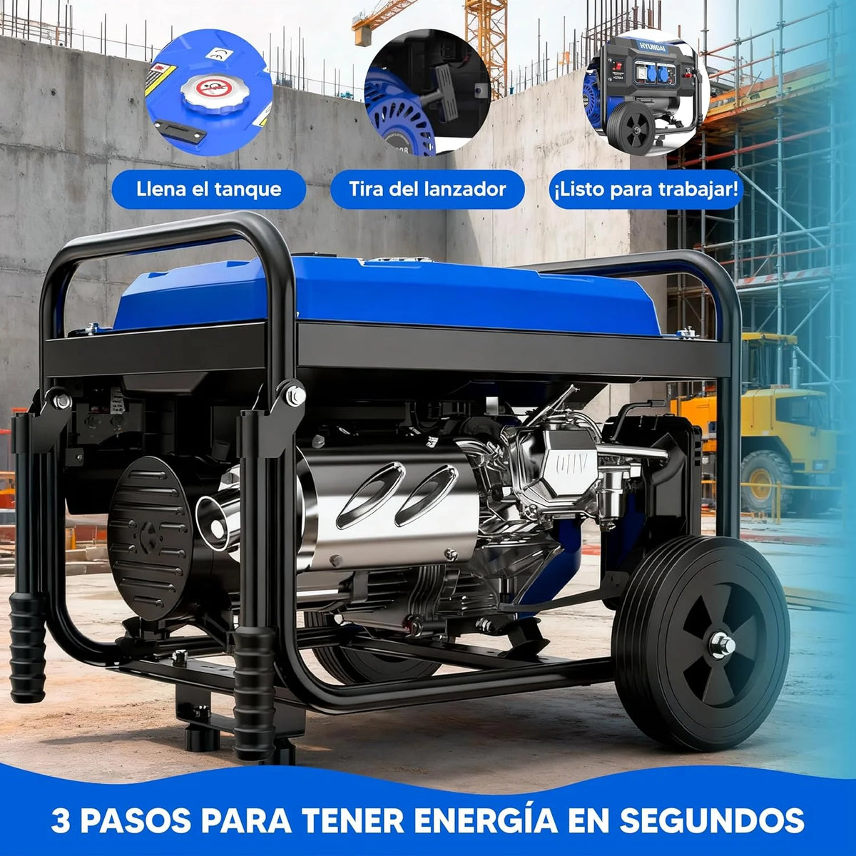 HYUNDAI Grupo Electrógeno a Gasolina 3000W para Obra - Generador Eléctrico con Regulación Electrónica para Energía Estable - Generador Portátil con 15L de Despósito y Autonomía 10h - Estación Energía