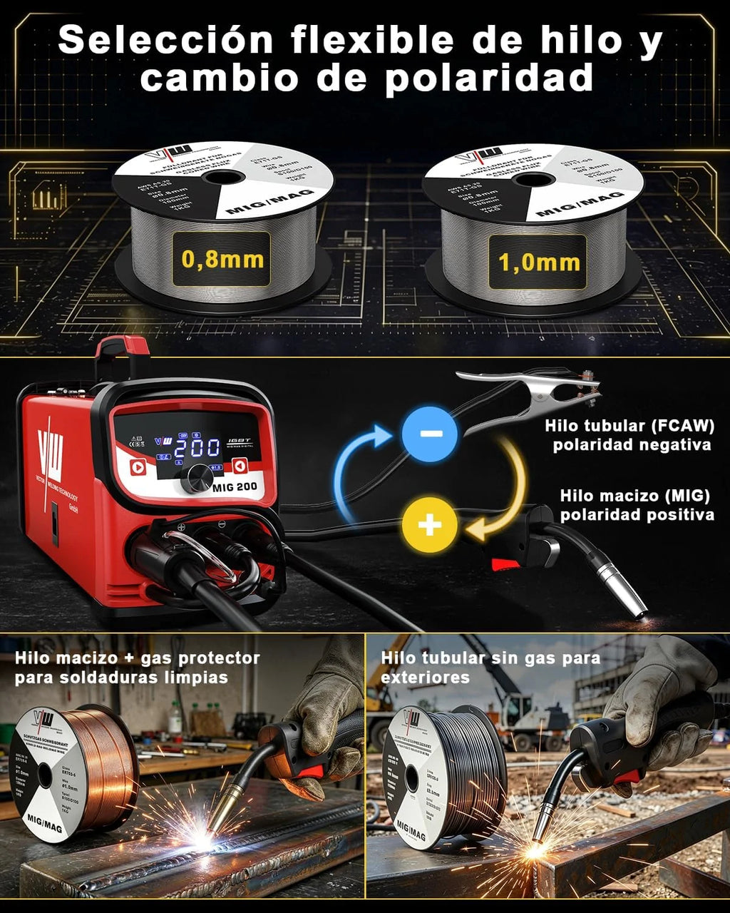 VECTOR WELDING Soldador de Hilo 4 en 1 Máquina de Soldar MIG MAG 200A
