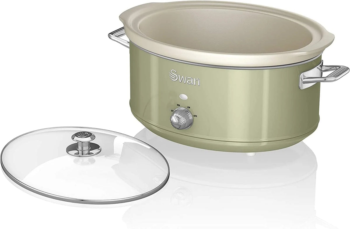 Swan Retro SF17031GNEU Olla Cocción Lenta 6,5L Recipiente Extraíble, Antiadherente Cerámica libre PFOA y PTFE, 3 Niveles Temperatura, Tapa Vidrio, Slow Cooker, Diseño Vintage, Verde, 320W