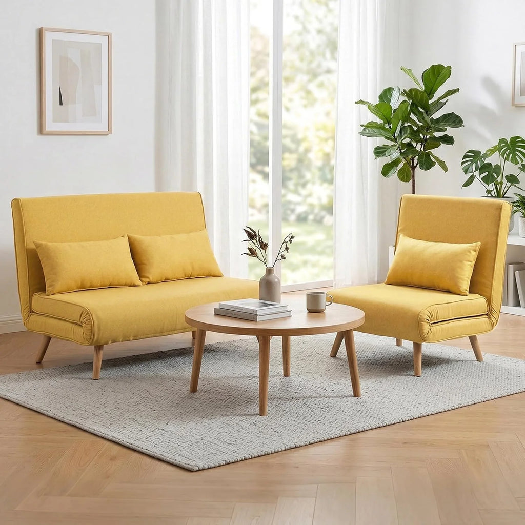 HOMCOM 3 in 1 Folding 2 Seater Sofa Bed Upholstered in Yellow Linen