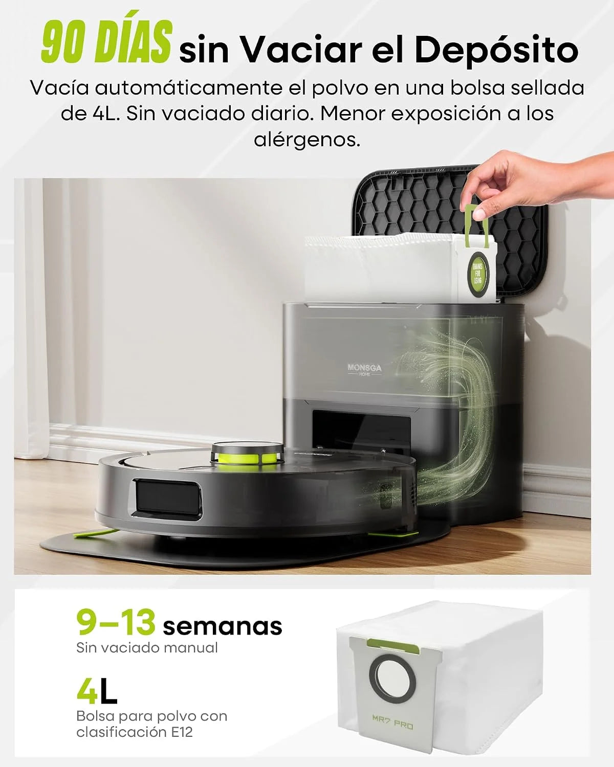 MONSGA Robot Aspirador y Fregasuelos 3 en 1 8000PA,Robot Aspirador Doble Sistema Antienredos, Obstacle Avoidance, 90 Día Self-Emptying, LiDAR Navegación, Control por App, 5 Mapas