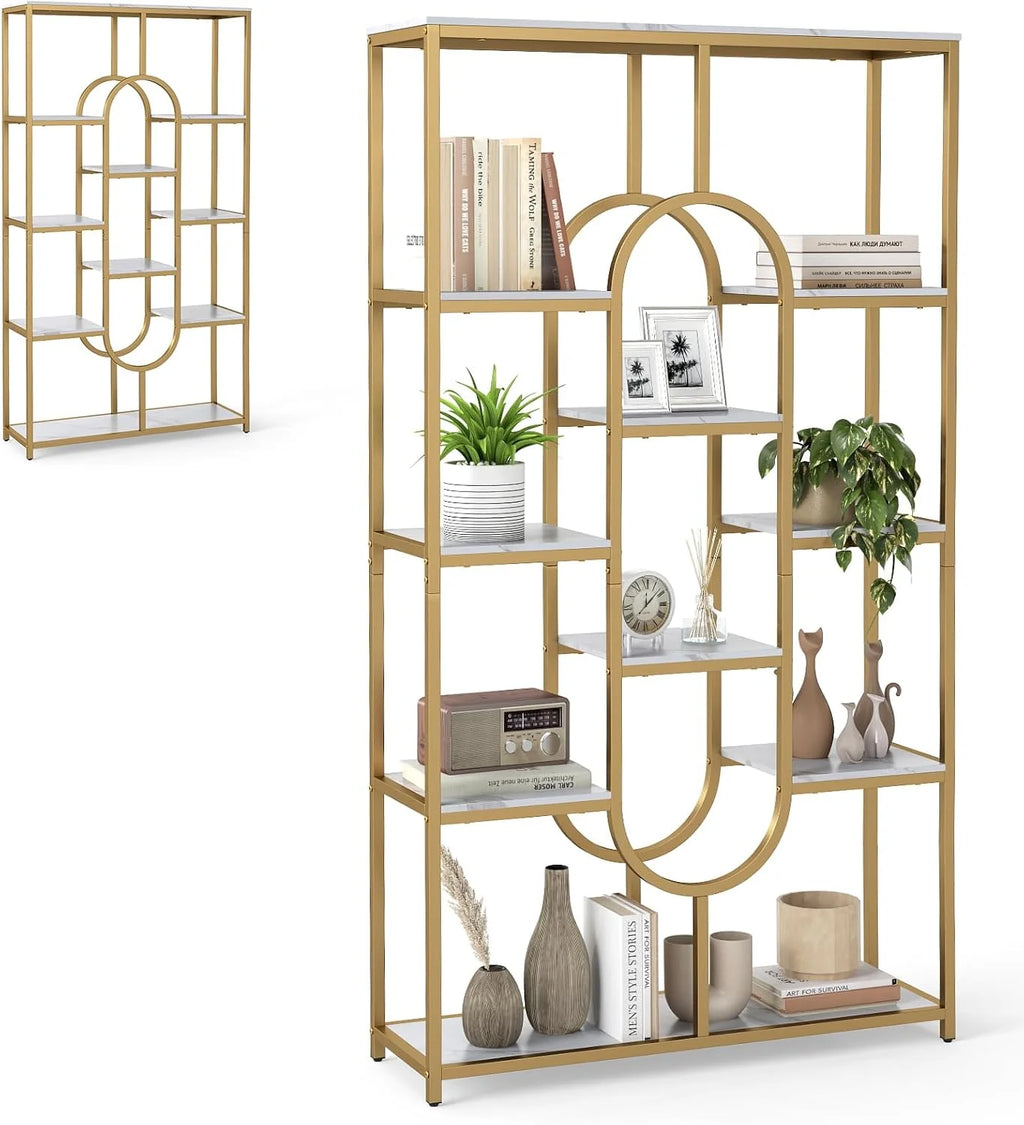 HOMASIS Librería 5 Niveles de Madera, Marco Metálico, Estante de Pared con Estanterías Abiertas, Mueble de Almacenamiento para Sala de Estar, Oficina, 86 x 30 x 175 cm (Dorado)