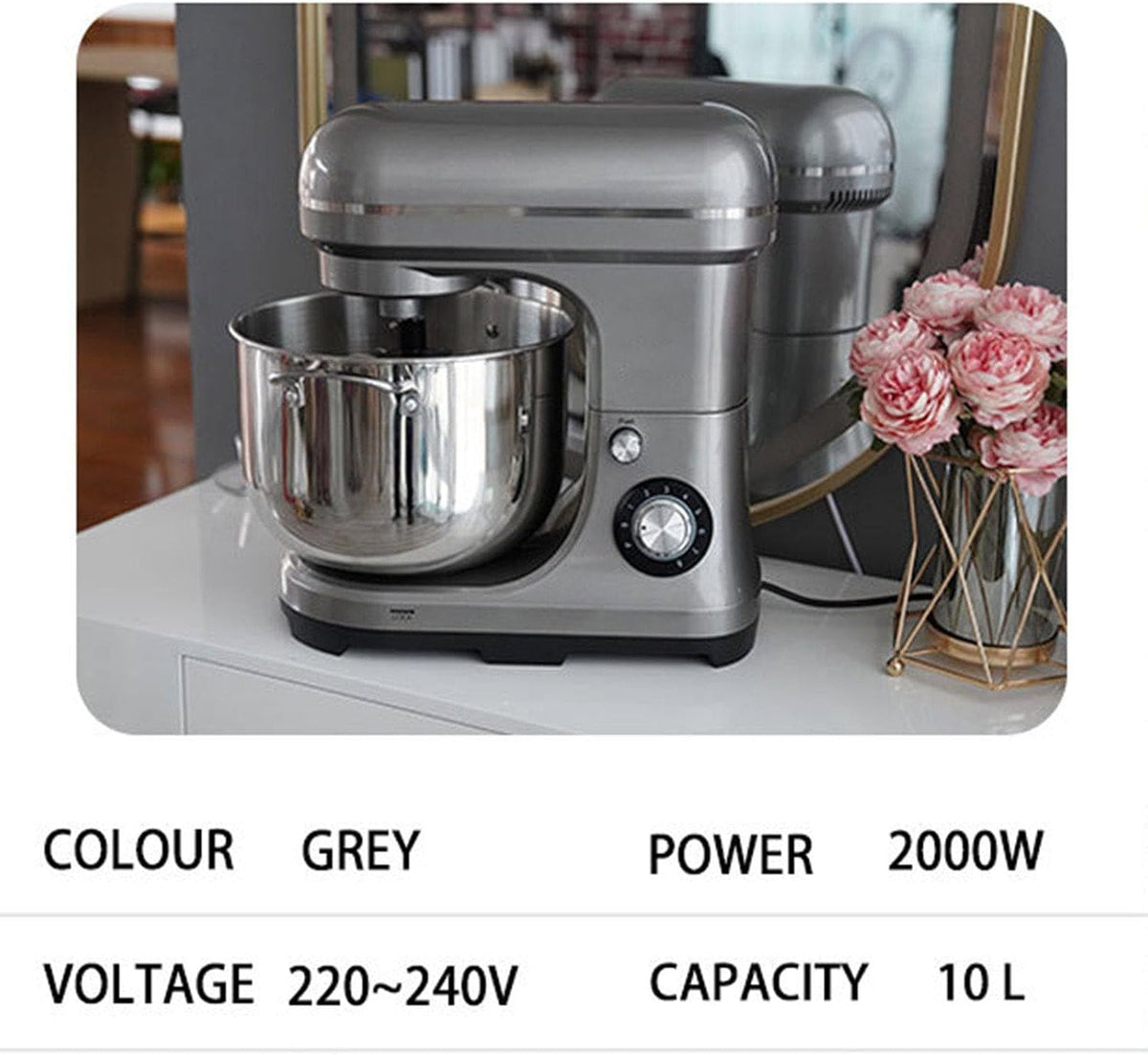 Batidora de pedestal comercial: 2000 W de alta potencia, 10 L de capacidad, control de 8 velocidades con accesorios para panaderías, restaurantes, pizzerías y escuelas.