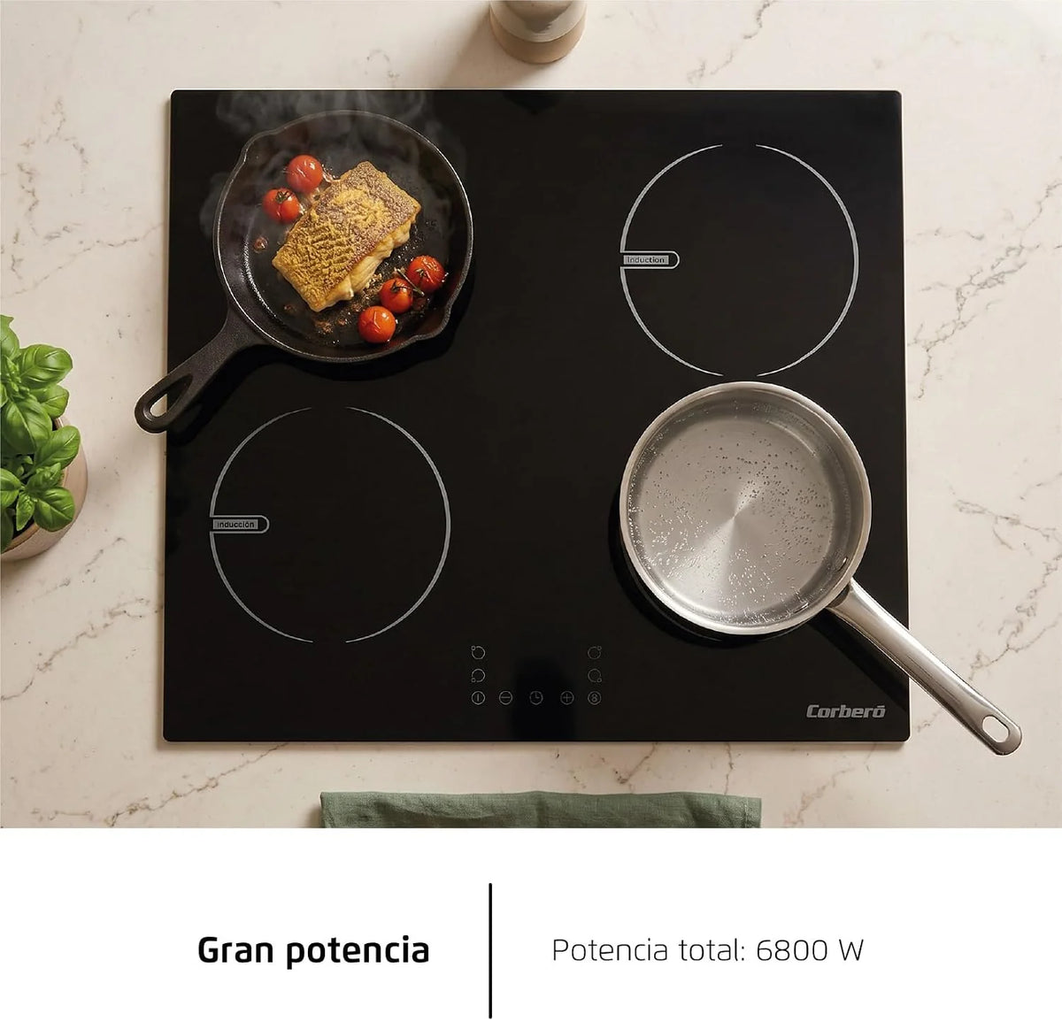 Corberó - Placa de Inducción 60cm | CCIG48BF | 6800 W | 4 Zonas | Control Táctil | Temporizador 99 Min | 9 Niveles Potencia | Booster | Bloqueo Infantil | Negro