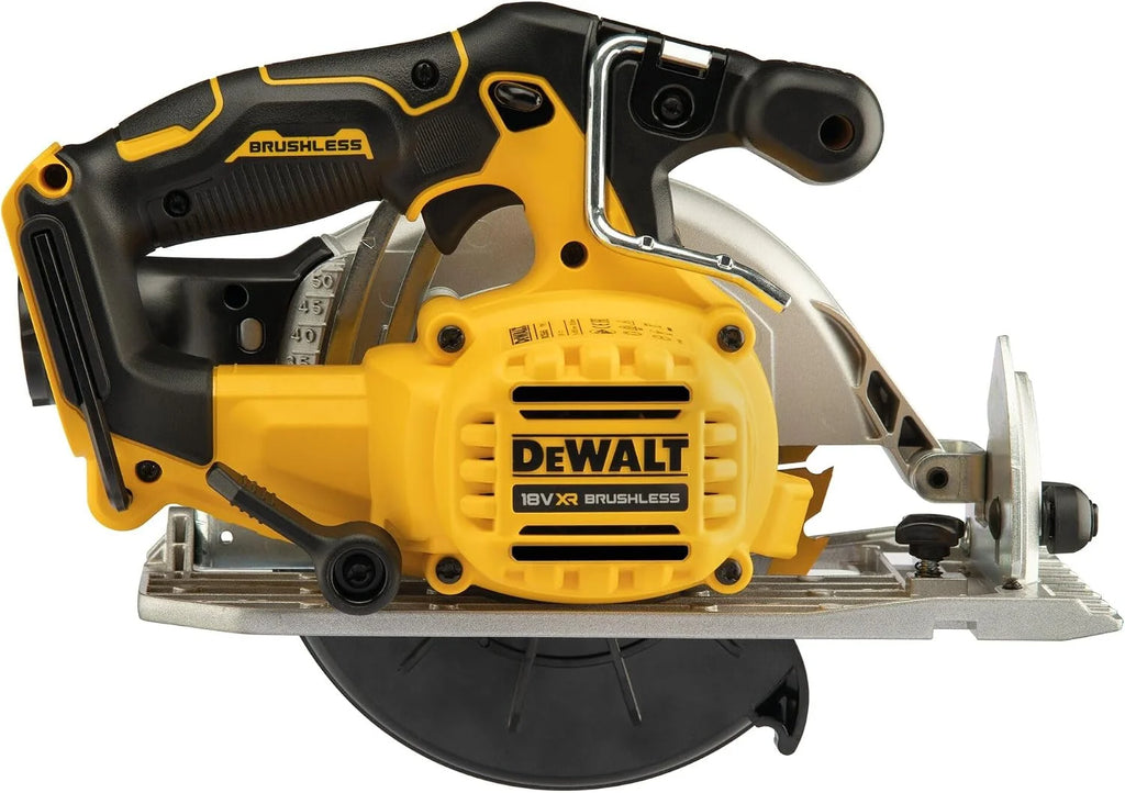 DEWALT DCS565N-XJ - Sierra circular 18V XR, Motor sin escobillas, LED integrado y dispositivo de soplado, Incluye hoja de sierra de metal duro y tope paralelo, No incluye batería ni cargador