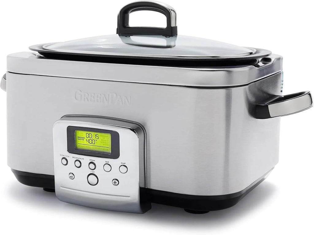 GreenPan Elite 8-in-1 Programmierbarer 6L Slow Cooker Multikocher,Spülmaschinenfester Deckel & Topf,PFAS-freie Gesunde Keramische Antihaftbeschichtung zum Braten,Schmoren,Mit Dampfgareinsatz,Edelstahl
