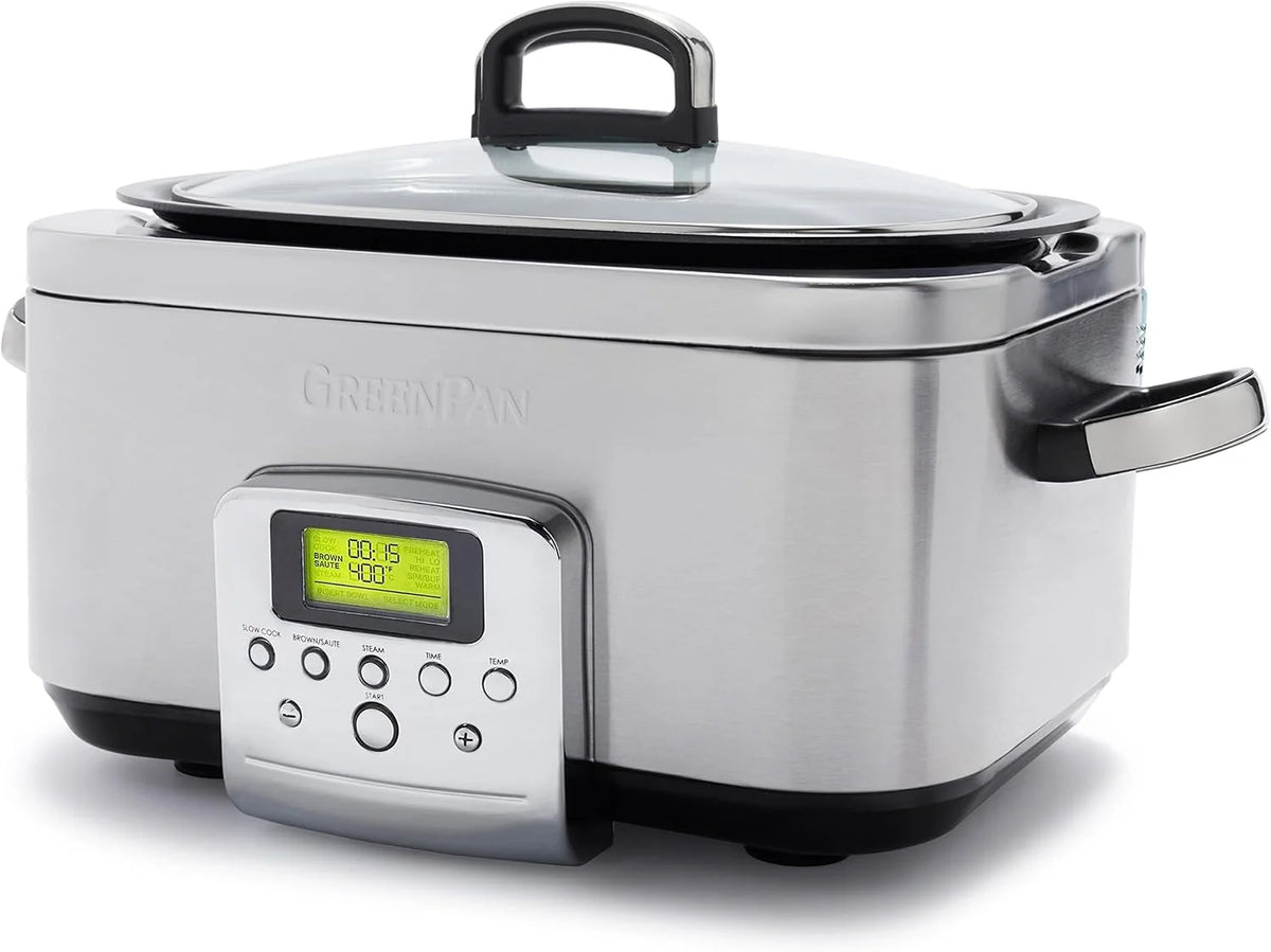 GreenPan Elite 8-in-1 Programmierbarer 6L Slow Cooker Multikocher,Spülmaschinenfester Deckel & Topf,PFAS-freie Gesunde Keramische Antihaftbeschichtung zum Braten,Schmoren,Mit Dampfgareinsatz,Edelstahl