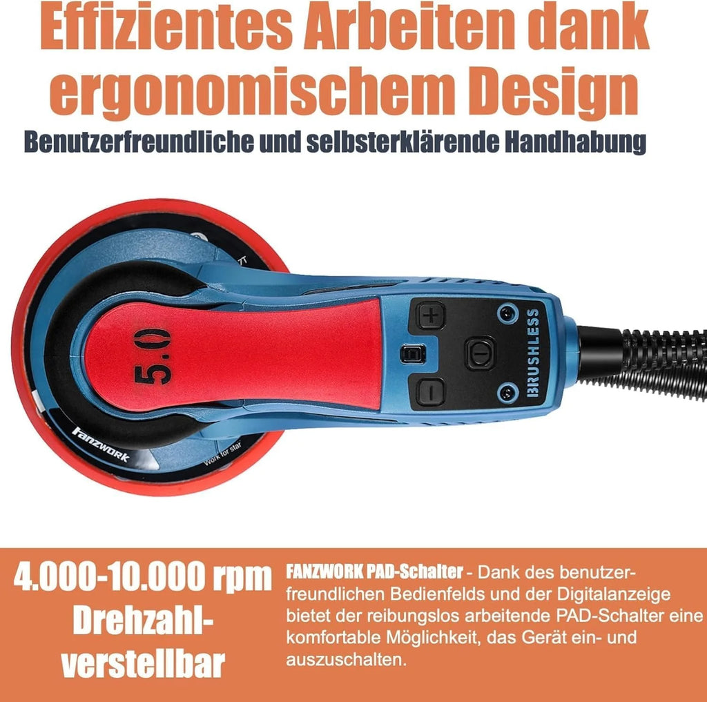 FANZWORK Lijadora Rotorbital 150 mm, 350W, Motor sin escobillas