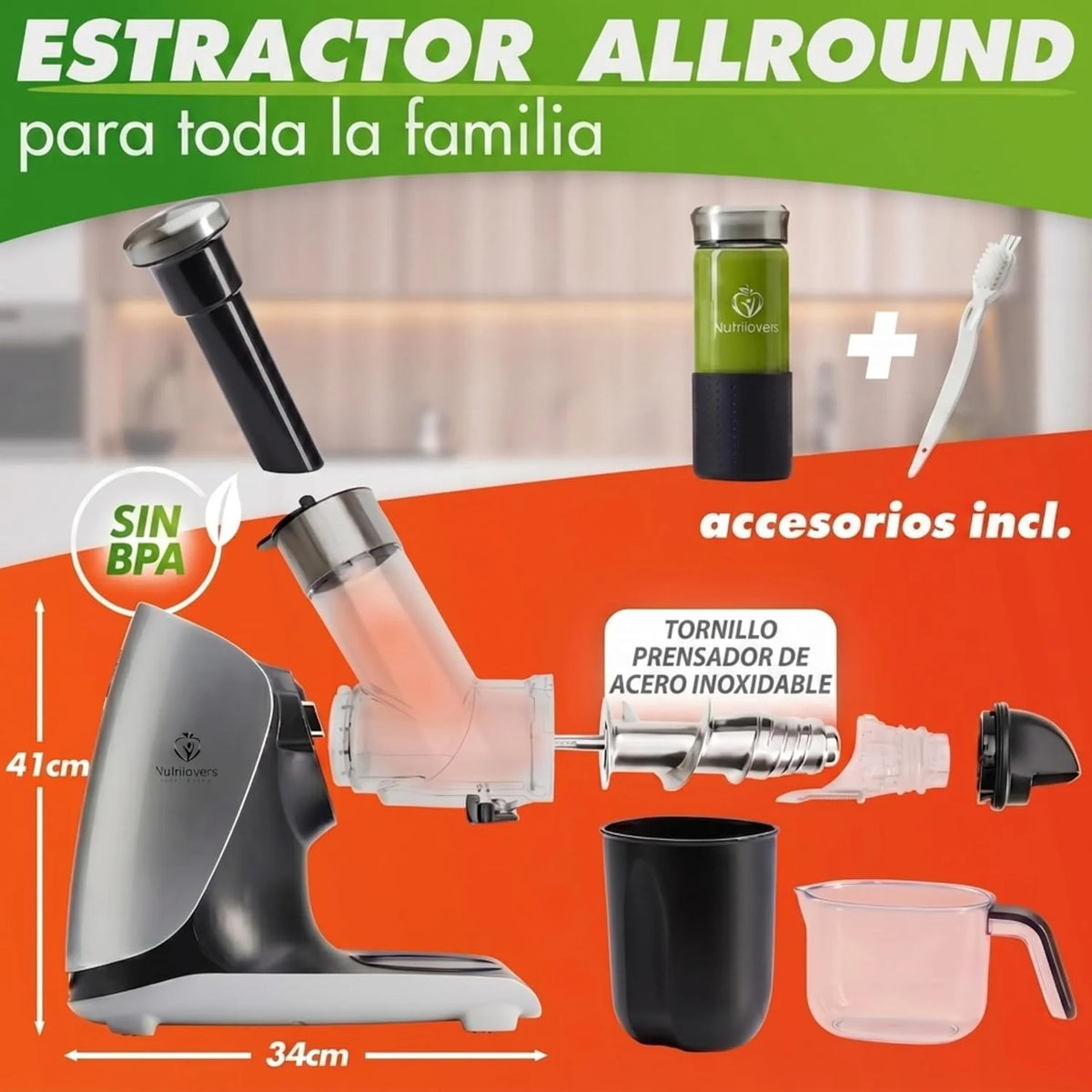Nutrilovers Slow Juicer GREEN-PRESS MAX Licuadora extractor de jugos con tornillo de acero inoxidable, libre de BPA, ganador de pruebas, exprimidor eléctrico