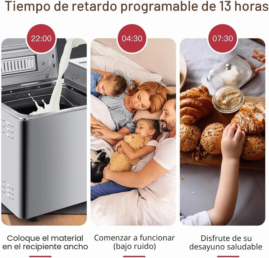 COOCHEER - Panificadora de 550 W, con 25 programas, acero inoxidable, totalmente automática con función de temporización de 13 horas, color plateado