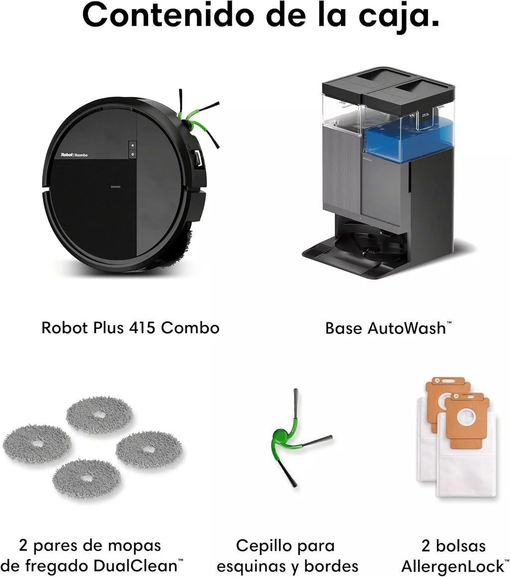 iRobot Roomba Plus 415 Combo y Base AutoWash multifunción, Robot Aspirador y Friegasuelos, 20.000Pa, Mopa Extensible, Mopas DualClean Elevables, Secado Calor, LiDAR Clearview, Autonomía 90 Días,Negro