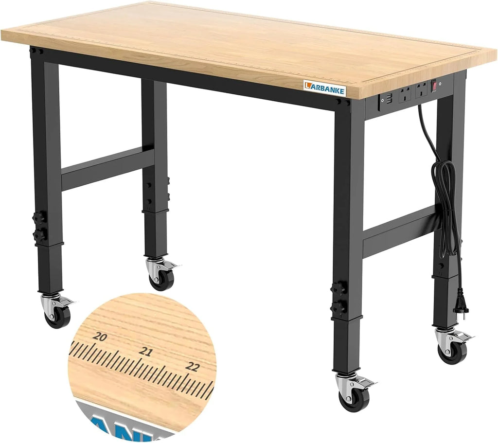 LARBANKE 120CM Banco de Trabajo,Banco de Trabajo de Madera de Caucho Tiene Ajustable 5 Alturas Diferentes,Mesa de Trabajo de Madera Dura Capacidad de Peso de 900KG,con Ruedas de Freno