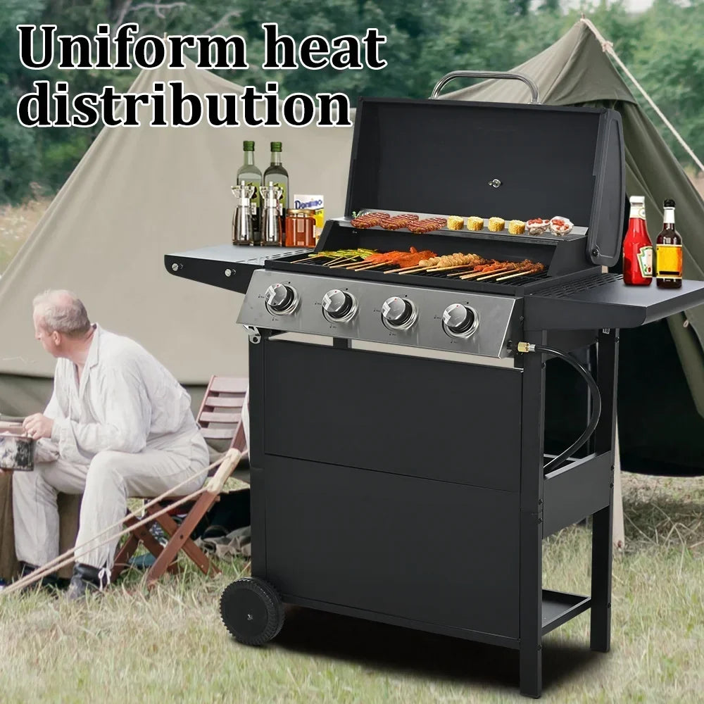 2026 Parrilla a gas SEGMART de 4 quemadores de acero inoxidable – 34,200 BTU, barbacoa para jardín/patio con dos estantes plegables y termómetro, ideal para camping y cocina al aire libre