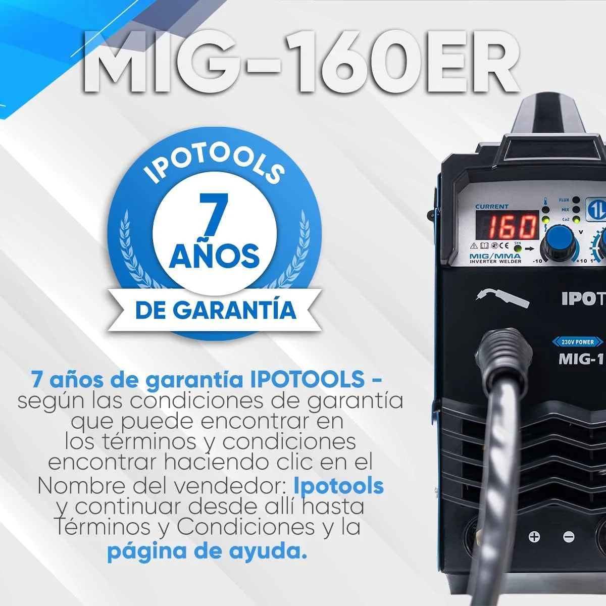 IPOTOOLS MIG-160ER Máquina de soldar MIG MAG - Máquina de soldar MIG con 160A 230V IGBT, Máquina de electrodos 3 en 1 MIG Flux MMA, Máquina de soldadura inverter portátil, 7 años de garantía