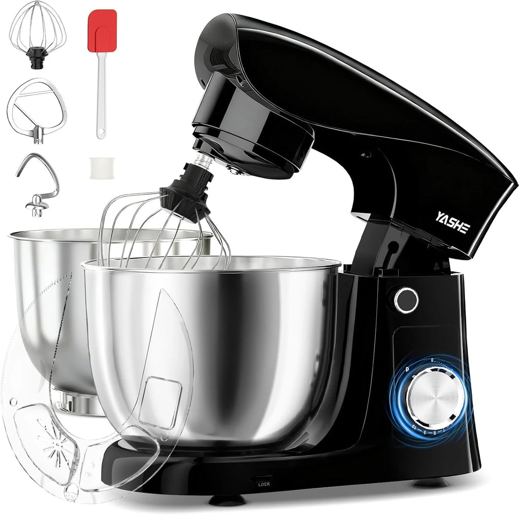 YASHE Batidora Amasadora 1500W, 4,5 + 5L Doble Bol de Acero Inoxidable, 10+P Velocidades, Movimiento Planetario, Cabezal Inclinable, Gancho para Masa, Batidor y Varillas