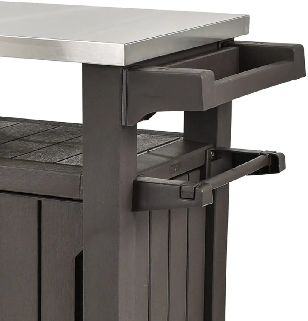 2025 Carro móvil de patio Keter Unity XL – Mesa de cocina exterior resistente a la intemperie con superficie de trabajo de acero inoxidable, espacio de almacenamiento con cerradura y accesorios