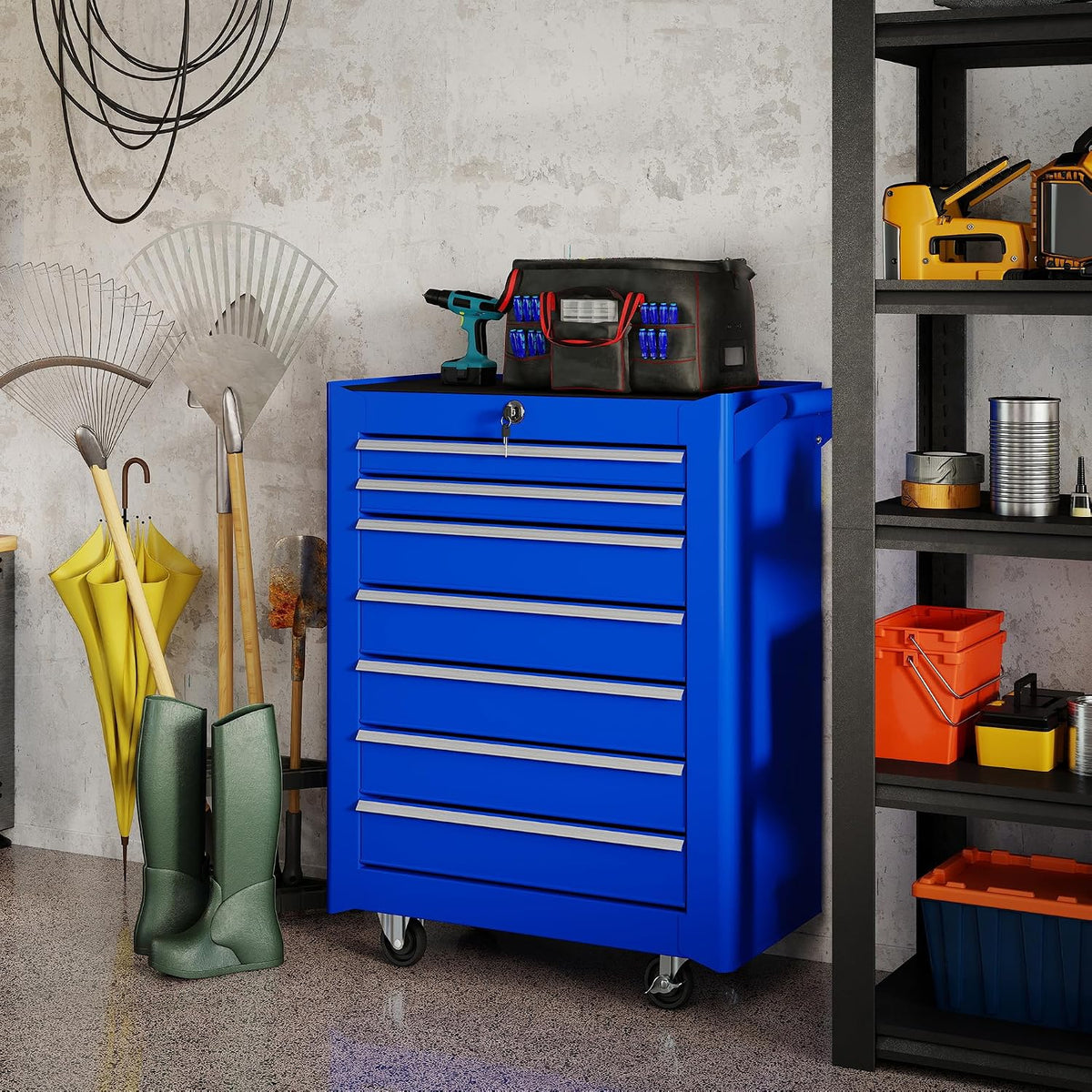 DURHAND Carro de Herramientas con 7 Cajones con Cerradura, Asa, Azul