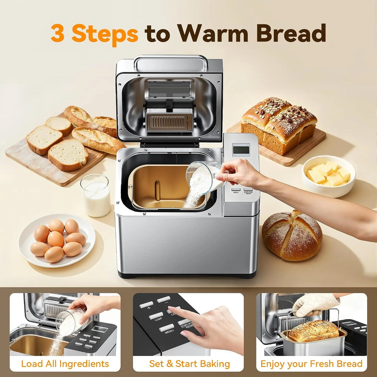 TRIUMPHKEY 19 Programas Panificadora Automática con Dispensador, 3 Tamaños & 3 Tostados Panificadora de Pan, Temporizador 15h, 1kg Maquina de Hacer Pan, Panificadora sin Gluten, Yogur y Mermelada