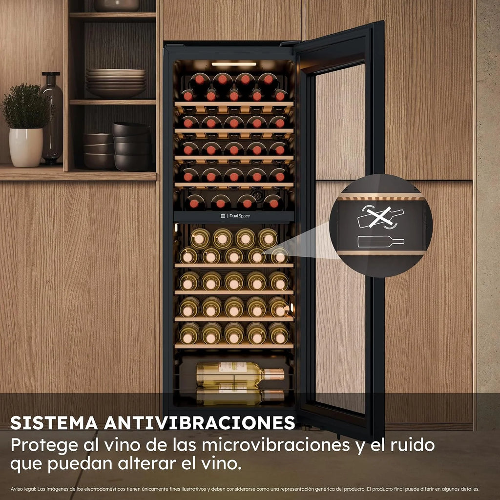 Haier Wine Bank 50 Series 5 HWS56GDG - Vinoteca de 56 botellas, 2 Zonas independientes, Estantes de madera, Filtro Anti-UV, Sistema Antivibración, Display Digital, Iluminación LED, 37 dbA, Negra