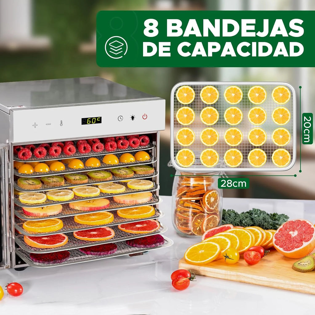 Kwasyo 8 Bandejas Deshidratador de Alimentos, Recetas Temperatura Ajustable 30-90℃, Acero Inoxidable Completo, Temporizador de 24 horas, Deshidratadora de Frutas, BPA Free