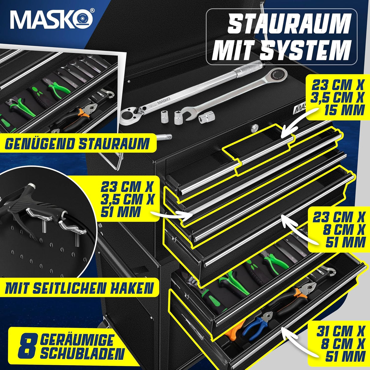 MASKO® - Carro de herramientas de taller con maletín, 9 cajones y cerradura, rojo, metal macizo, profesional y portátil, sin herramientas, con ruedas y candado, para almacenamiento de herramientas,